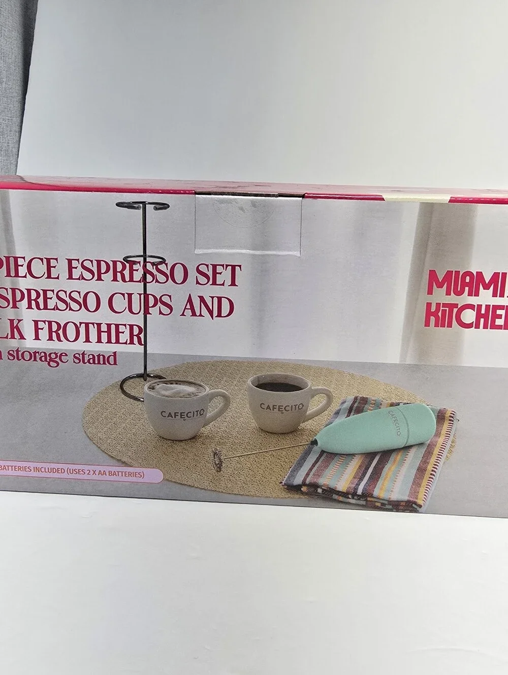 NIB Miami Style Kitchen 4-PC Espresso Set And Milk Frother With Storage Stand
